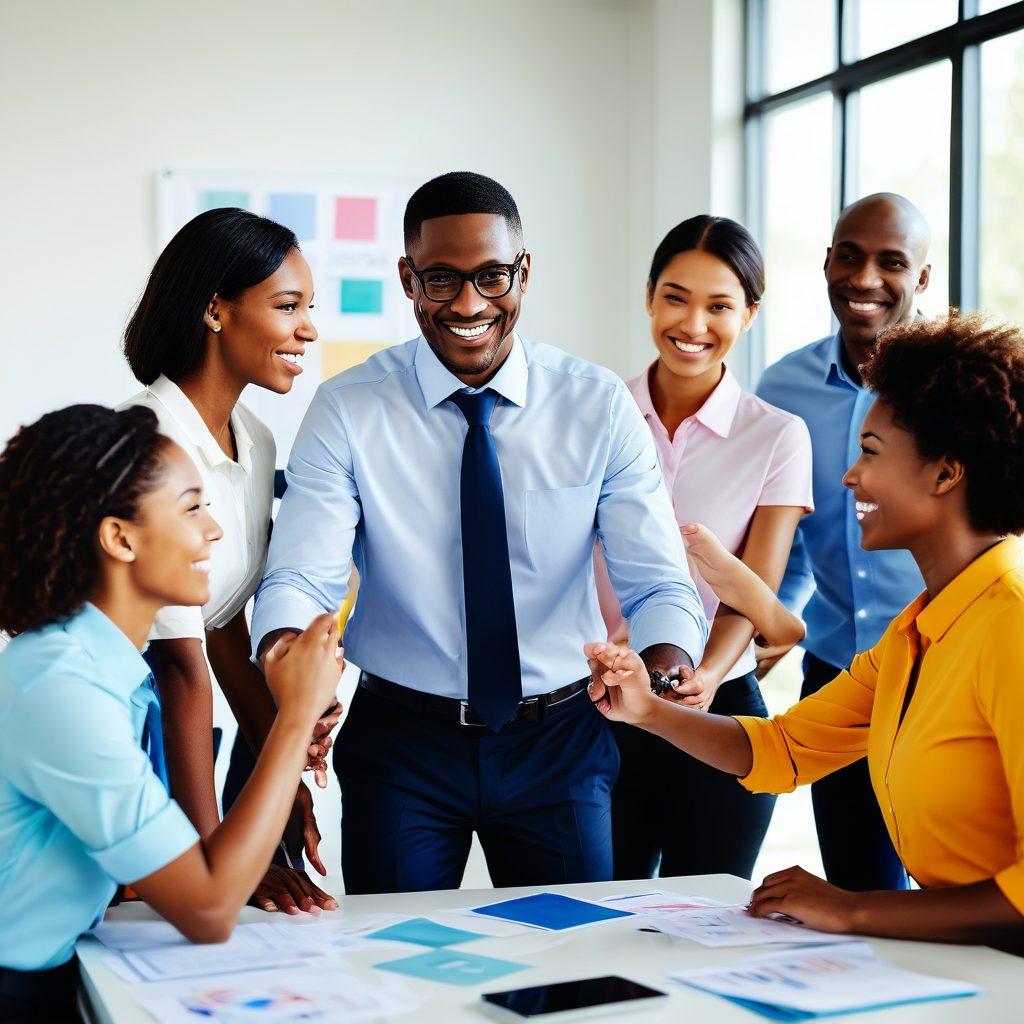 A diverse group of individuals in a modern office setting, engaging in a team-building activity, featuring various personality types displaying their unique traits. Visual representation of personality archetypes with colorful icons floating around them, symbolizing collaboration and communication. Dynamic expressions and gestures that convey teamwork and understanding. Soft natural lighting that creates an inviting atmosphere. super-realistic. vibrant colors. white background.