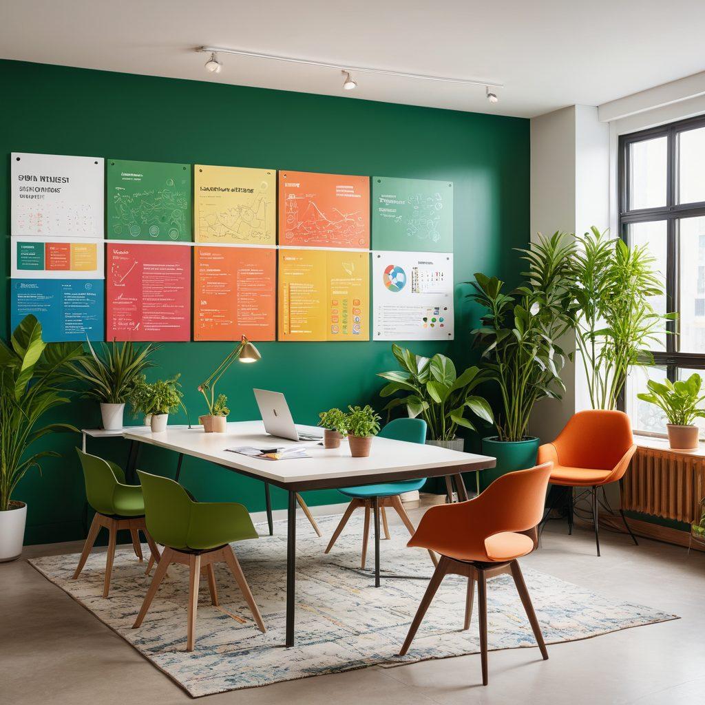 A professional workspace featuring a diverse group of individuals engaging in a lively discussion about their MBTI personality types. Each person is surrounded by visual representations of their unique traits, such as colorful charts and personality icons. The background shows a modern office setting with motivational quotes and plants to create an inspiring atmosphere. The overall mood should be dynamic and collaborative. super-realistic. vibrant colors. minimalistic design.